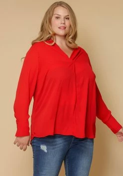 Pleione Pleated V-neck Long Sleeve Blouse Plus Size Women Clothing