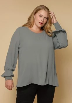 Pleione Round Neck Plus Size Women Clothing Smocked Ruffle Cuff Top