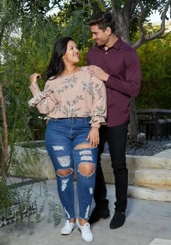 Pleione Round Neck Plus Size Women Clothing Smocked Ruffle Cuff Top