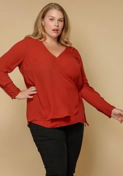 Pleione Wrap Front Long Sleeve Plus Size Women Clothing Blouse