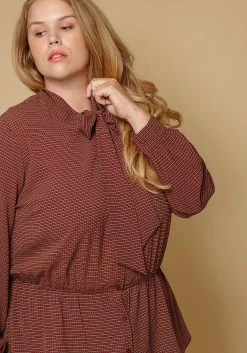 Pleione Plus Size Women Clothing Tie Neck Button Down Peplum Blouse