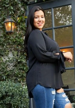 Pleione Self-tie Bell Cuff Plus Size Women Clothing Button Down Shirt Blouse