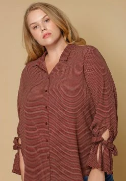 Pleione Self-tie Bell Cuff Plus Size Women Clothing Button Down Shirt Blouse
