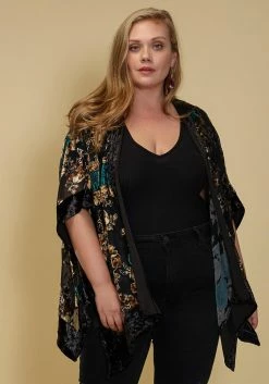 Asoph Plus Size Velvet Floral Kimono