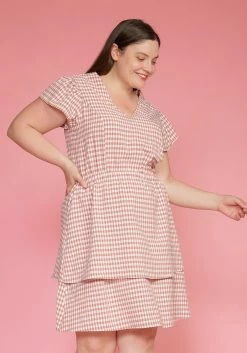 Pleione Plus Size Puff Shoulder Ruffle Checkered Dress