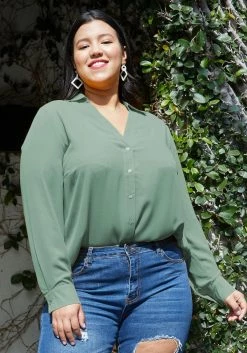 Pleione Plus Size Women's V-Neck Front Placket Long Sleeve Blouse