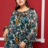 Pleione Plus Size Sheer Printed Blouse With Self-Tie Sleeve