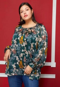 Pleione Plus Size Sheer Printed Blouse With Self-Tie Sleeve