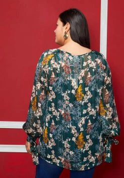Pleione Plus Size Sheer Printed Blouse With Self-Tie Sleeve -Asoph Sales Shop 2004340 483 3