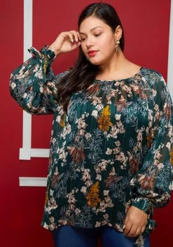 Pleione Plus Size Sheer Printed Blouse With Self-Tie Sleeve -Asoph Sales Shop 2004340 483 4