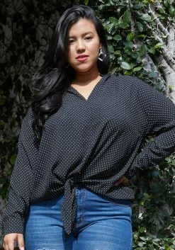 Pleione Plus Size Mandarin Collar Tie Hem Blouse