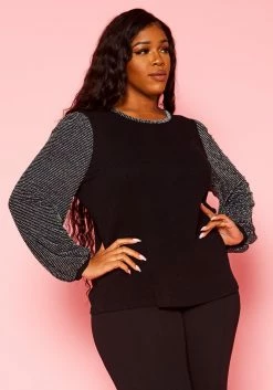 Pleione Plus Size Women's Ribbed Round Neck Holiday Top