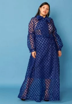 Plus Size Sheer Polkadot Bow Front Maxi Dress
