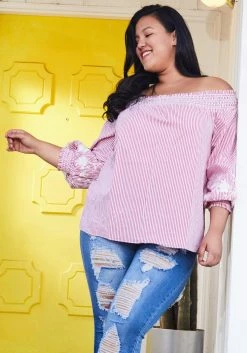 Asoph Plus Size Off Shoulder Stripe Top With Flower Print