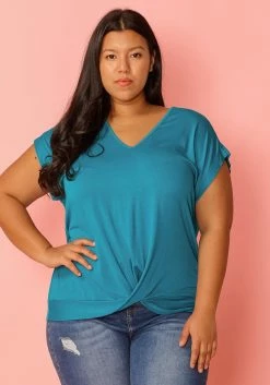 Pleione Plus Size V-Neck Twist Hem Tee
