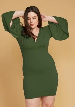 Asoph Plus Size V-Neck Flared Sleeve Dress