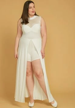 Plus Size Sleeveless Mesh Accent Romper With Cape Hem