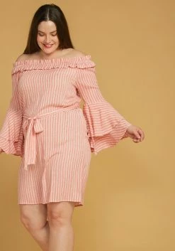 Asoph Plus Size Off Shoulder Stripe Mini Dress