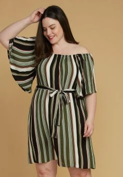Asoph Plus Size Stripe Bell Sleeve Casual Dress