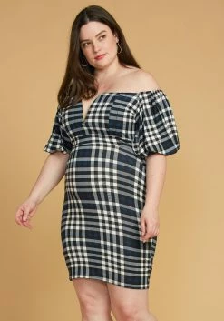 Asoph Plus Size Plaid Split Off Shoulder Dress
