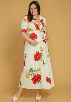 Asoph Plus Size Short Sleeve Floral Wrap Maxi Dress