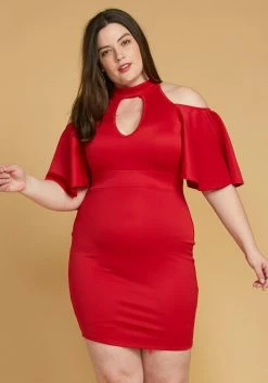 Plus Size Shoulder Cutout Mock Neck Dress
