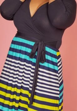 Plus Size Multi Stripe Contrast Wrap Dress -Asoph Sales Shop 2005596 105 4