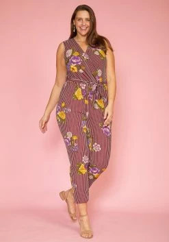 Asoph Plus Size Floral Stripe Sleeveless Cropped Jumpsuit