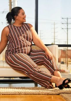 Pleione Plus Size Multi Stripe Printed Wide Leg Pants