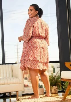Pleione Plus Size Womens Red Floral Tier Layered Chiffon Dress -Asoph Sales Shop 2006704 110 3