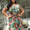 Pleione Plus Size Tropical Off Shoulder Button Down Dress