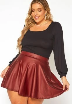 Plus Size Faux Leather High Waist Circle Skirt