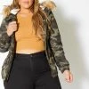 Asoph Plus Size Womens Faux Fur Trim Camo Puffer Jacket