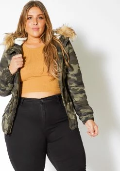 Asoph Plus Size Womens Faux Fur Trim Camo Puffer Jacket