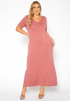 Plus Size V-Neck Short Sleeve Maxi Dress With Pockets