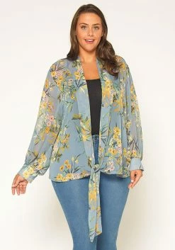 Pleione Plus Size Floral Tie Front Blouse