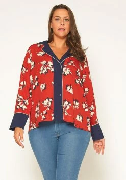 Pleione Floral Navy Contrast Pajama Blouse