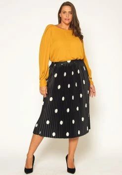 Pleione Plus Size Pleated Polkadot Midi Skirt