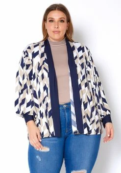 Pleione Plus Size Geo Print Open Front Cardigan