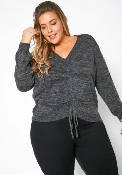 Pleione Plus Size Ruched V-Neck Sweater