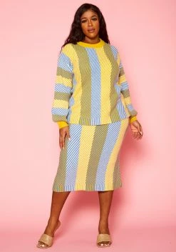 Pleione Plus Size Multi Stripe Midi Knit Skirt -Asoph Sales Shop 2012143 105 6
