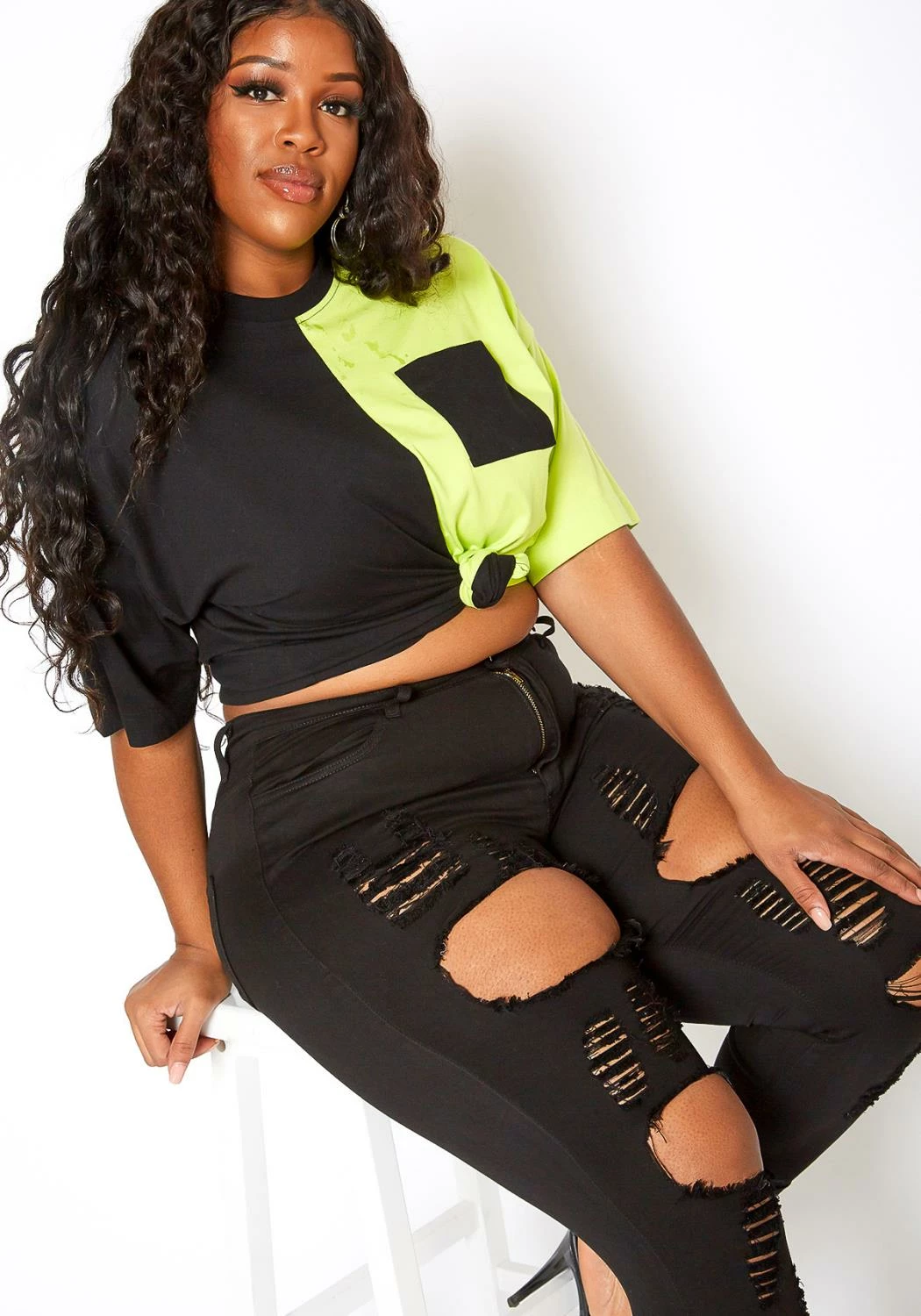 Vibrant Plus Size Stripe Distressed Black Denim Skinny Jean 1 Vibrant Plus Size Stripe Distressed Black Denim Skinny Jean