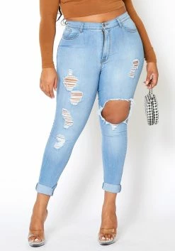 Vibrant Plus Size Womens Light Wash Distressed Denim Jeans