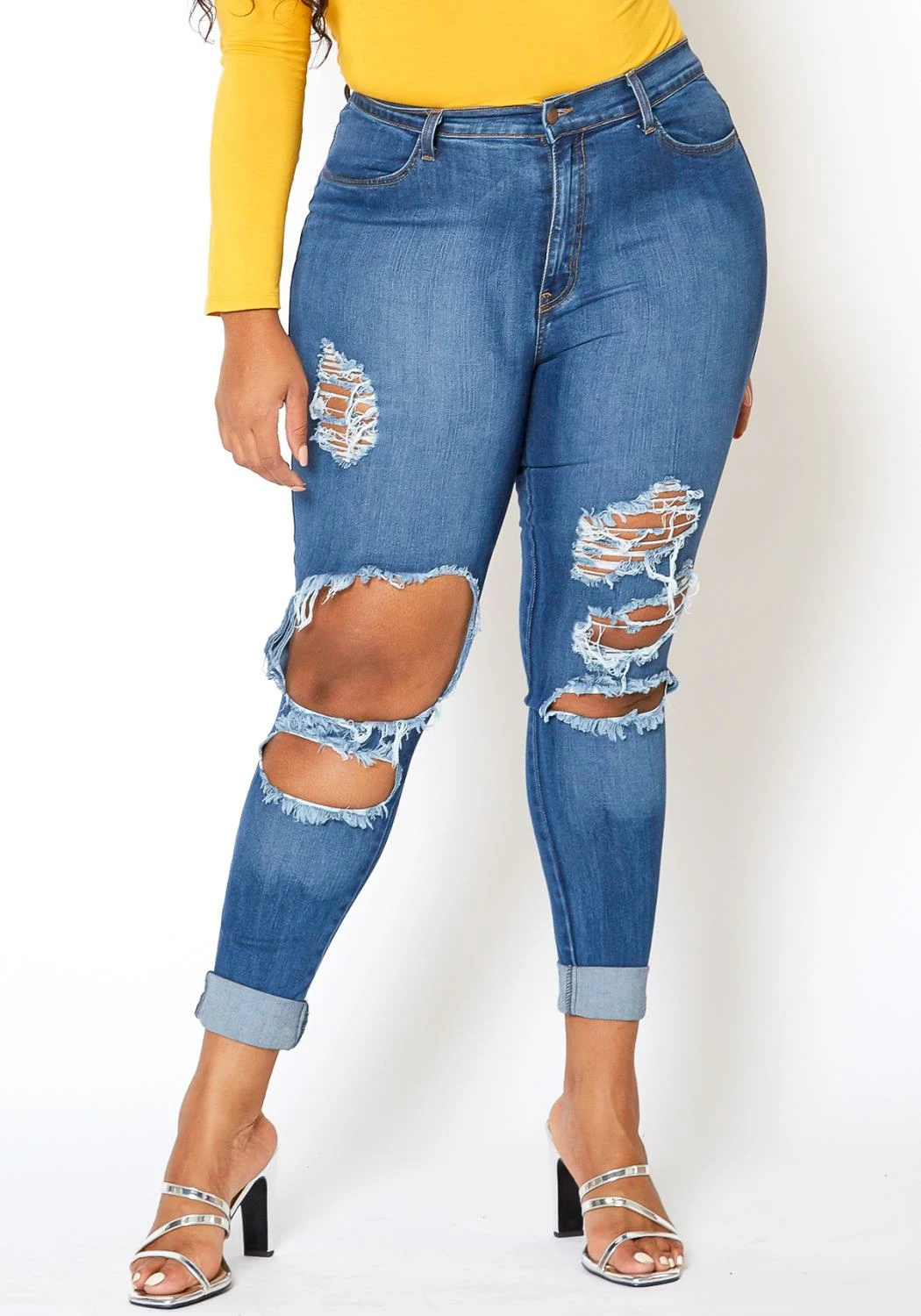 Vibrant Plus Size Knee Destroyed Mid Waist Jean 1 Vibrant Plus Size Knee Destroyed Mid Waist Jean
