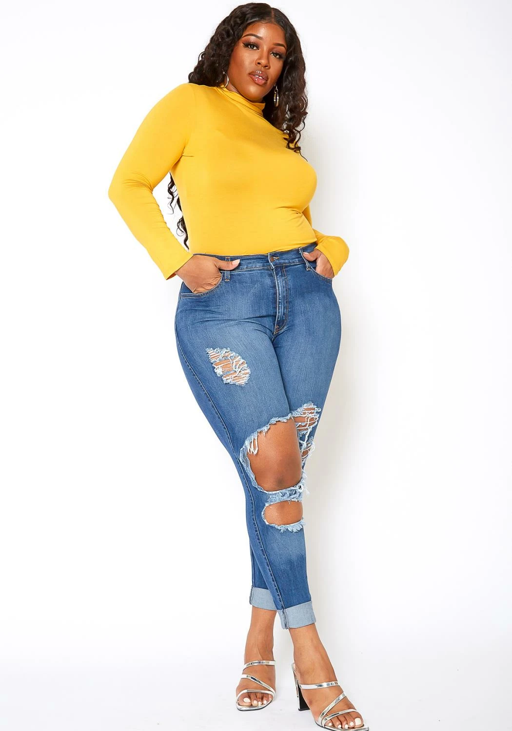 Vibrant Plus Size Knee Destroyed Mid Waist Jean 2 Vibrant Plus Size Knee Destroyed Mid Waist Jean - Image 2
