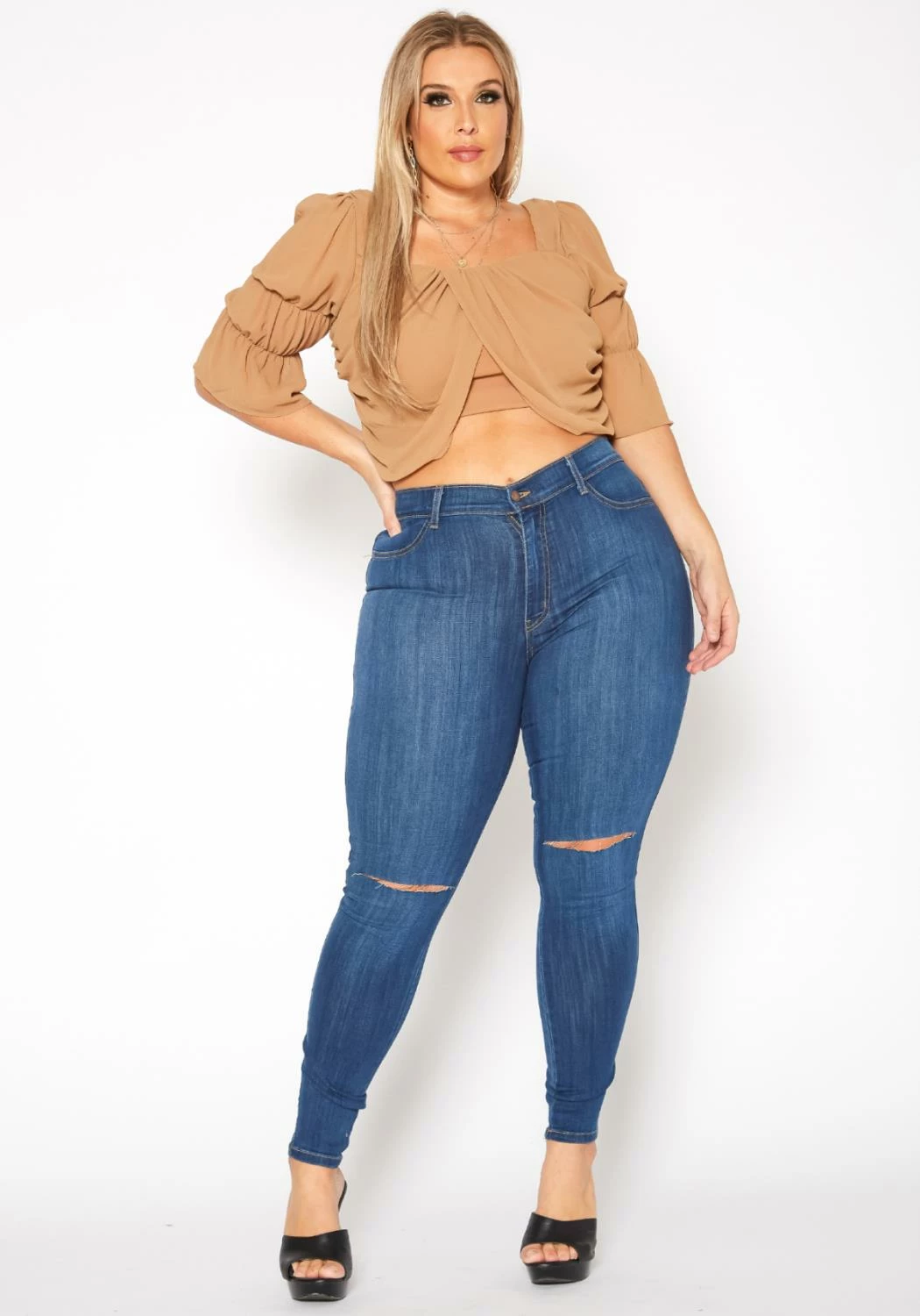 Vibrant Plus Size Medium Washed Knee Rip Denim Jean 2 Vibrant Plus Size Medium Washed Knee Rip Denim Jean - Image 2