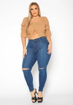 Vibrant Plus Size Medium Washed Knee Rip Denim Jean