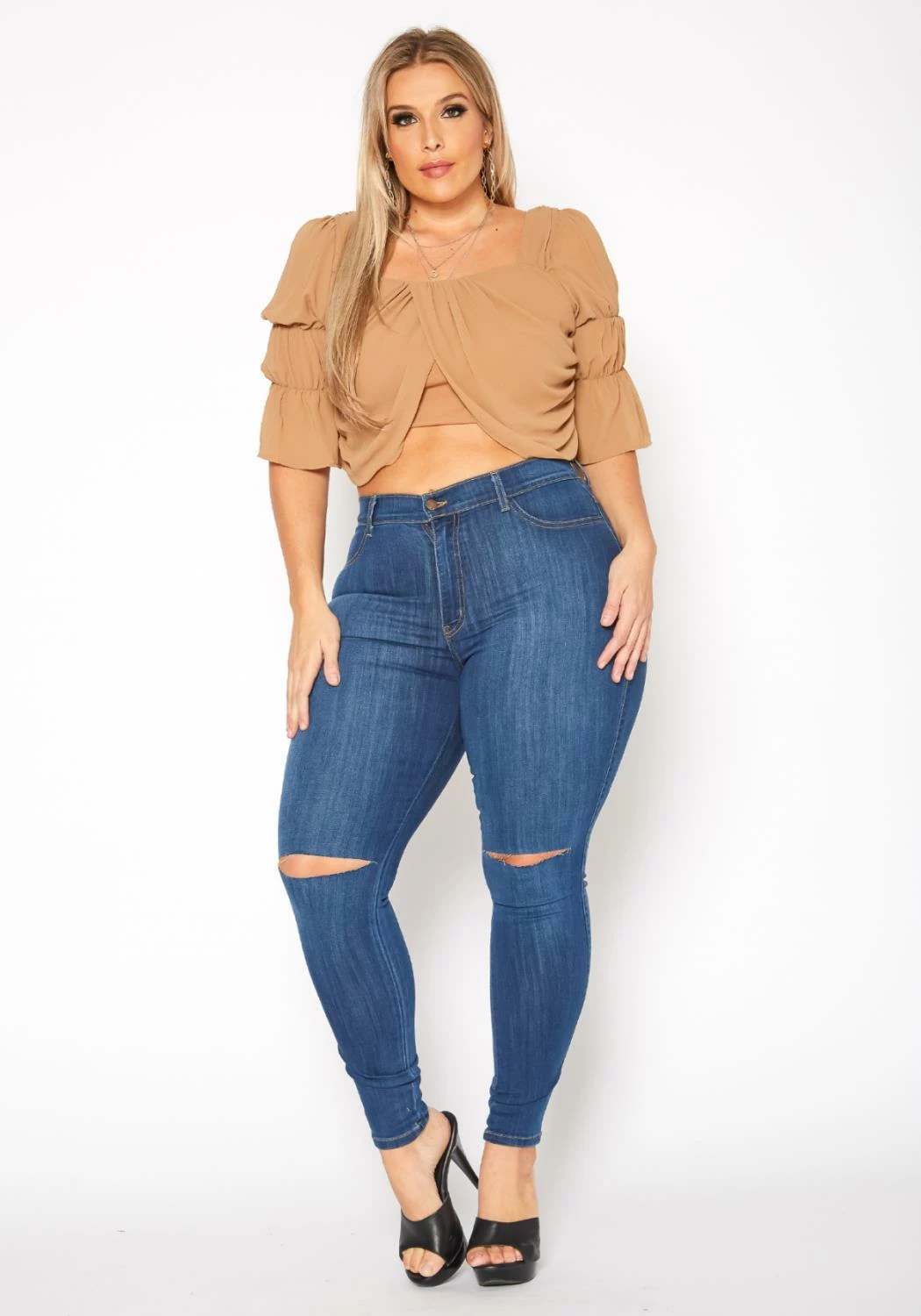 Vibrant Plus Size Medium Washed Knee Rip Denim Jean 1 Vibrant Plus Size Medium Washed Knee Rip Denim Jean