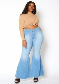Vibrant Plus Size Retro Flare Raw Hem Denim Jean