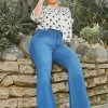 Vibrant Plus Size Basic Blue Washed Flared Hem Jean
